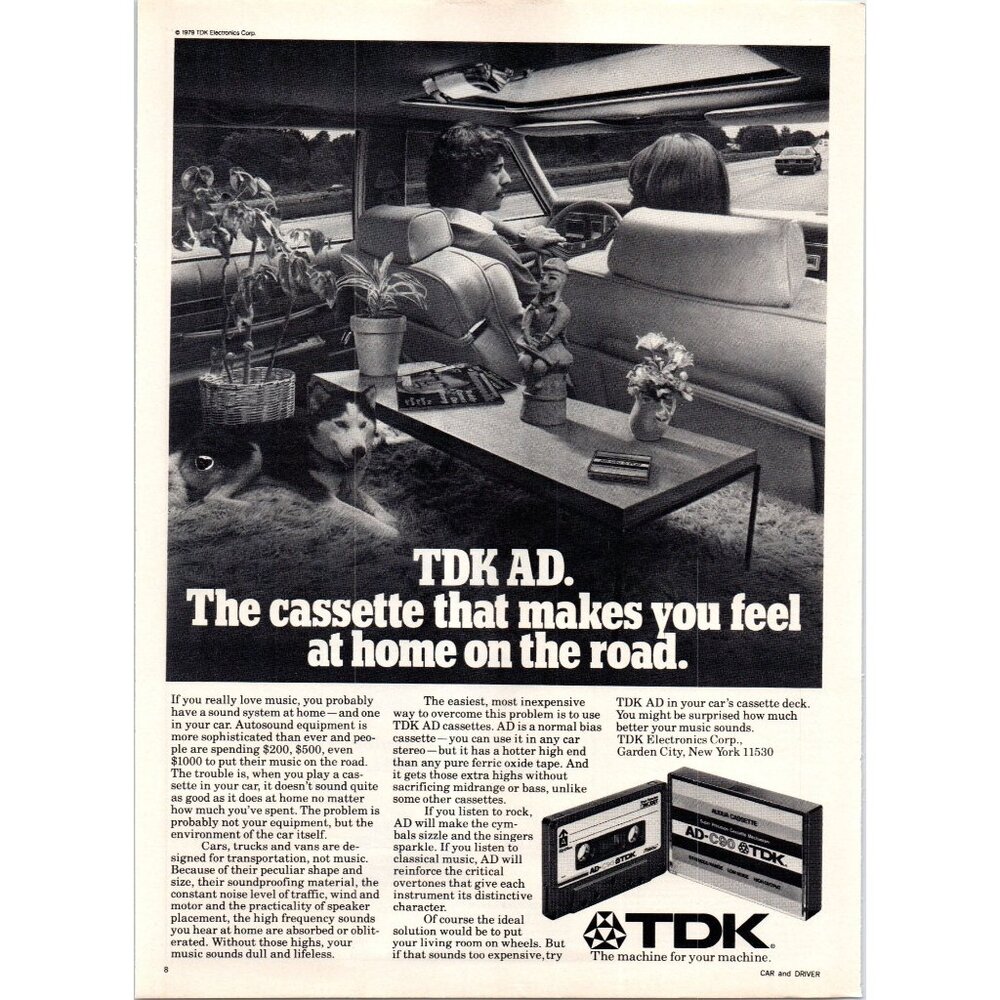 1979 TDK AD-C90 Blank Cassetee Tape Vintage Print Ad Husky Dog Jeep 70s Wall Art